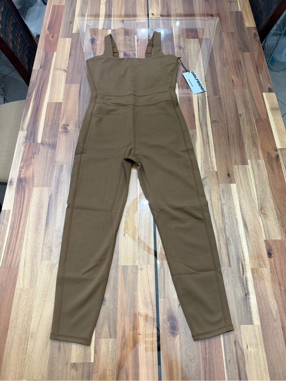 NWT Sz L Girlfriend Collective Luxe Paneled Unitard in Sepia Olive Brown